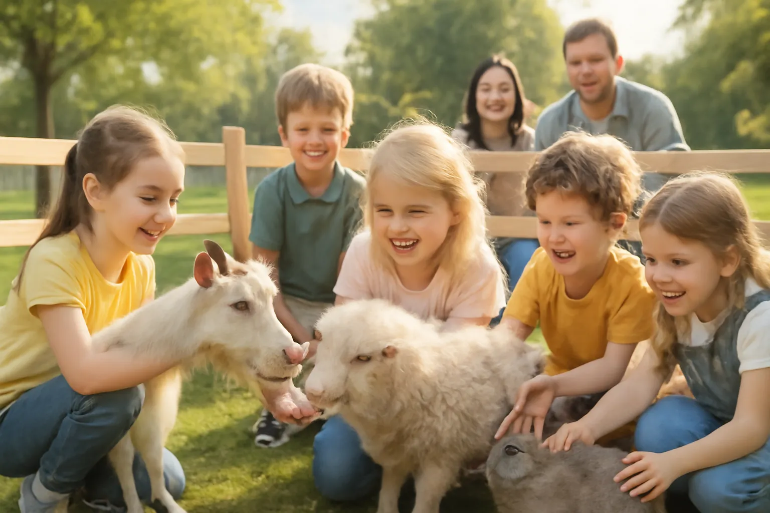Bērni priecīgi rotaļājas ar mīļiem lauku dzīvniekiem BallīteZoo ballītē