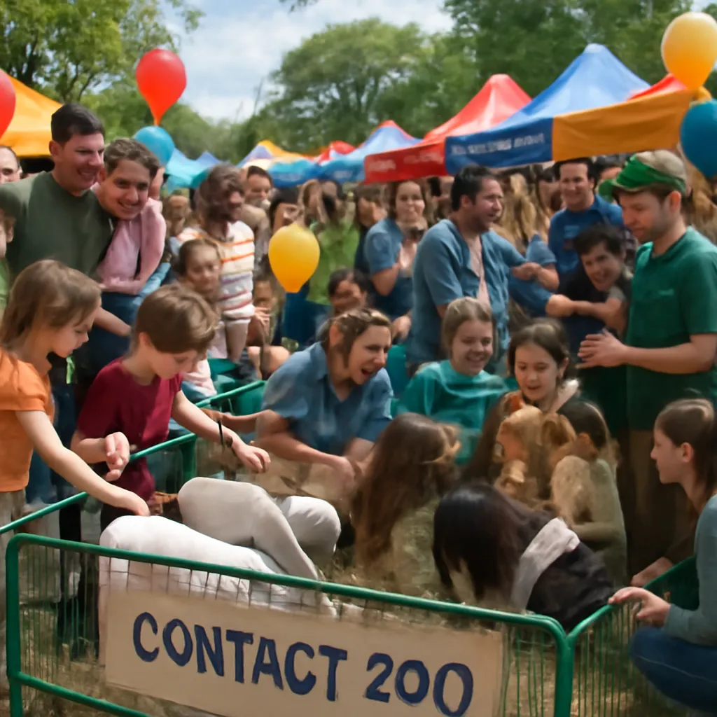 Sabiedriskā pasākuma festivāls ar kontaktzoo - kopienas locekļi bauda dzīvnieku kompāniju